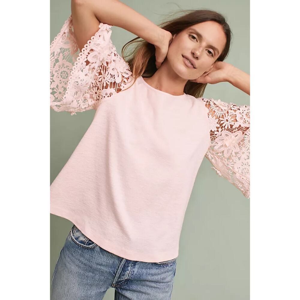 Eri + Ali x Anthropologie Samara Lace Top 3/4 Sleeve Pullover Pink Size L NWT